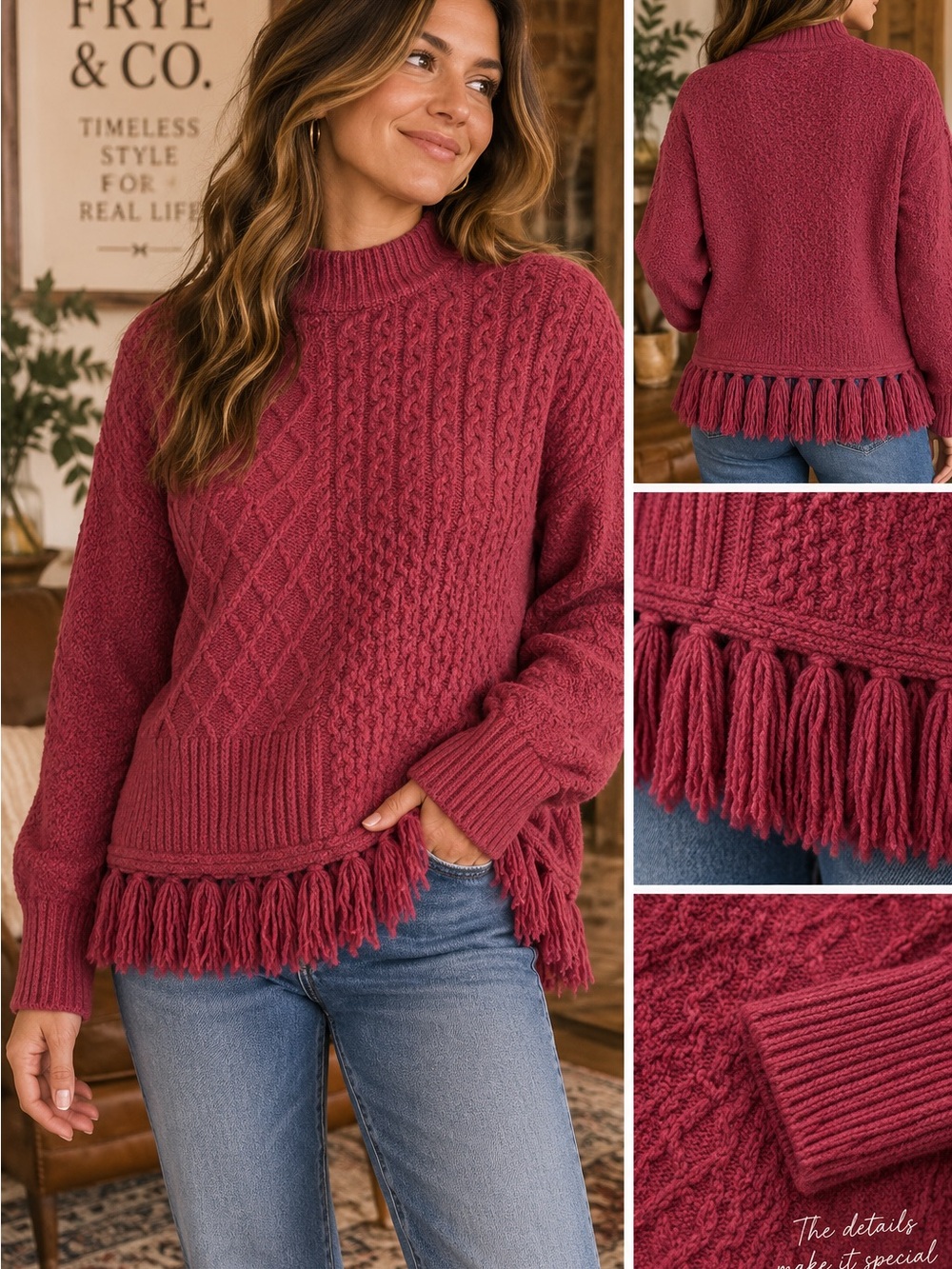 Frye and Co Cozy Fringe Hem Cable Knit Sweater - Berry Red #1251CL